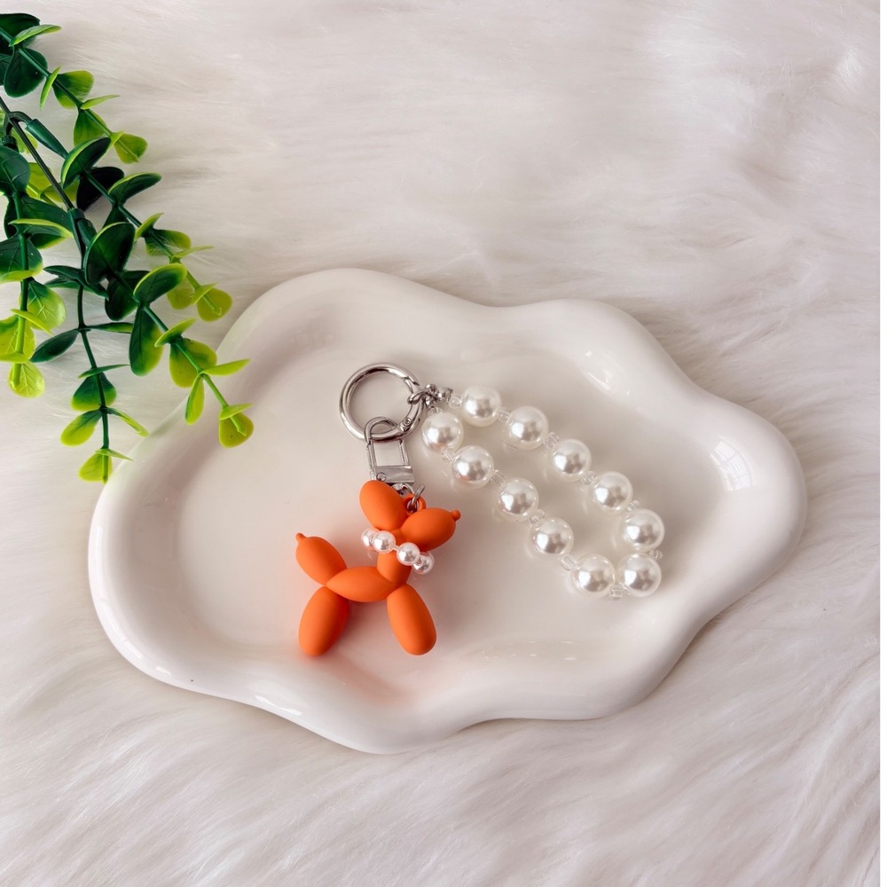 Orange Balloon Dog Keychain/ Bag Charm Pearl Detail - Picture 5 of 5